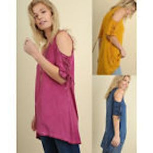 UMGEE Lace-Up Sleeve Cold Shoulder Long Tunic Top